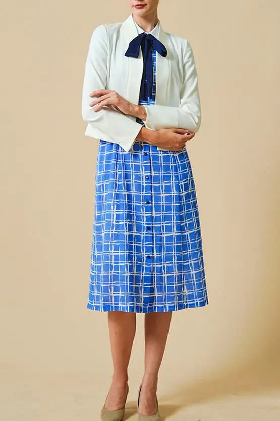 Stretch Chiffon:Lapis Lattice Shirt Dress With Bowtie