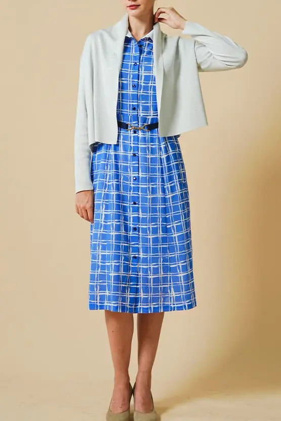Stretch Chiffon:Lapis Lattice Shirt Dress With Bowtie