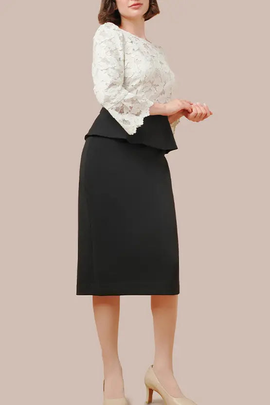 Space Material x Lace:White X Black Lace Peplum Docking Dress