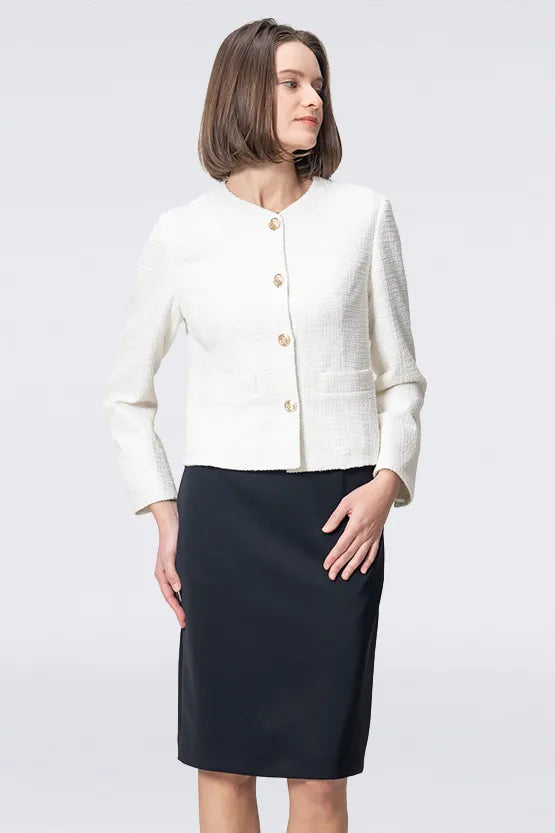 Stretch Lame Tweed:No-Collar Short Jacket