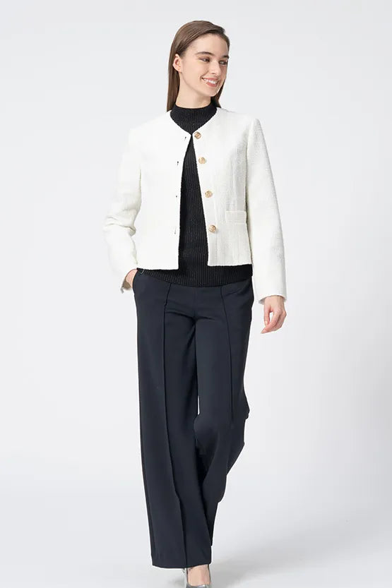 Stretch Lame Tweed:No-Collar Short Jacket