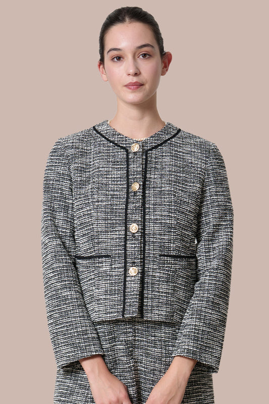 Stretch Lame Tweed:  No-Collar Short Jacket
