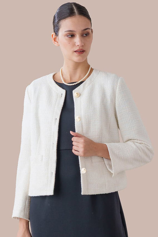 Stretch Lame Tweed:  No-Collar Short Jacket
