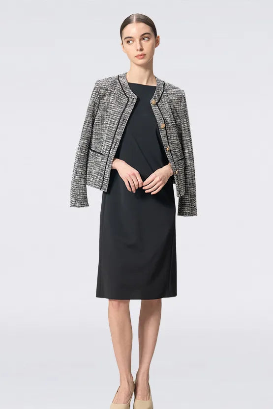 Stretch Lame Tweed:No-Collar Short Jacket