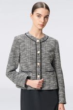 Stretch Lame Tweed:No-Collar Short Jacket