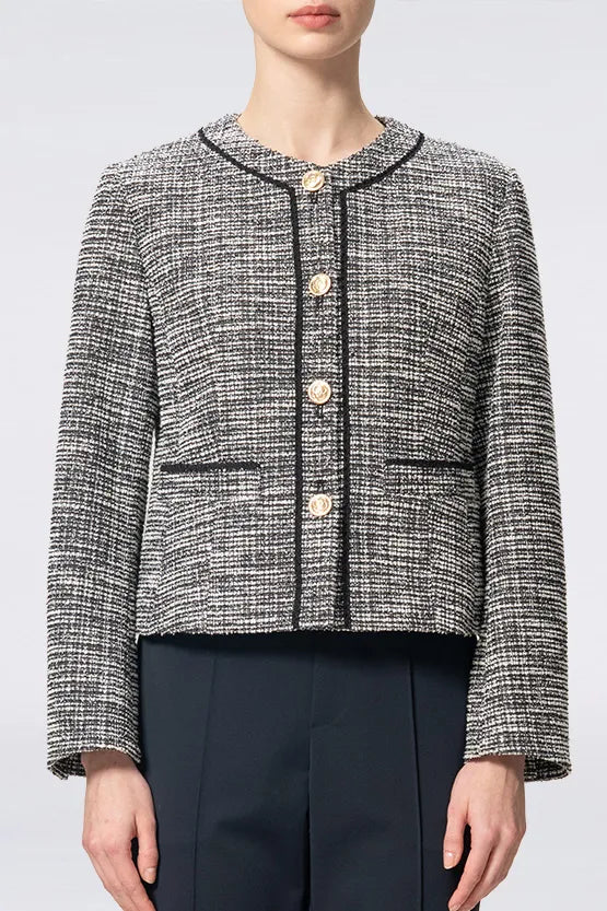Stretch Lame Tweed:No-Collar Short Jacket