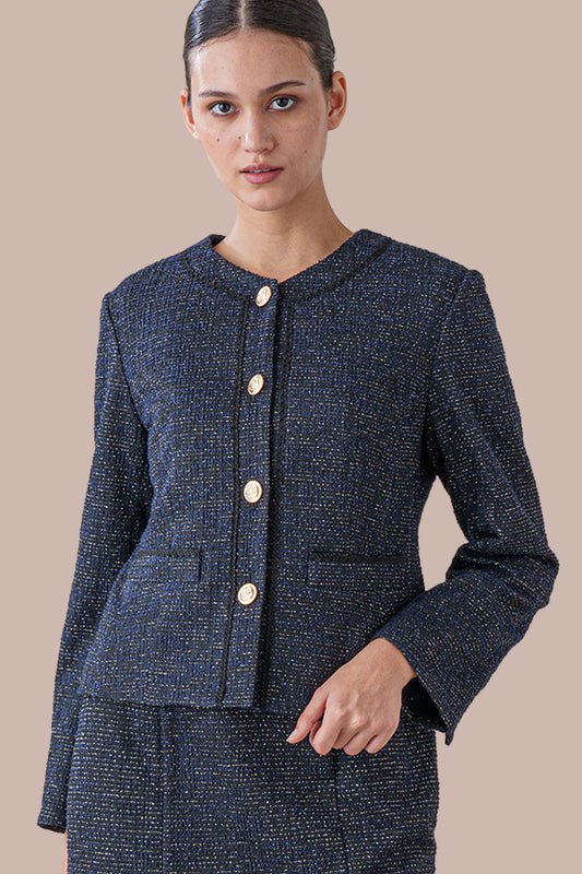 Stretch Lame Tweed:  No-Collar Short Jacket