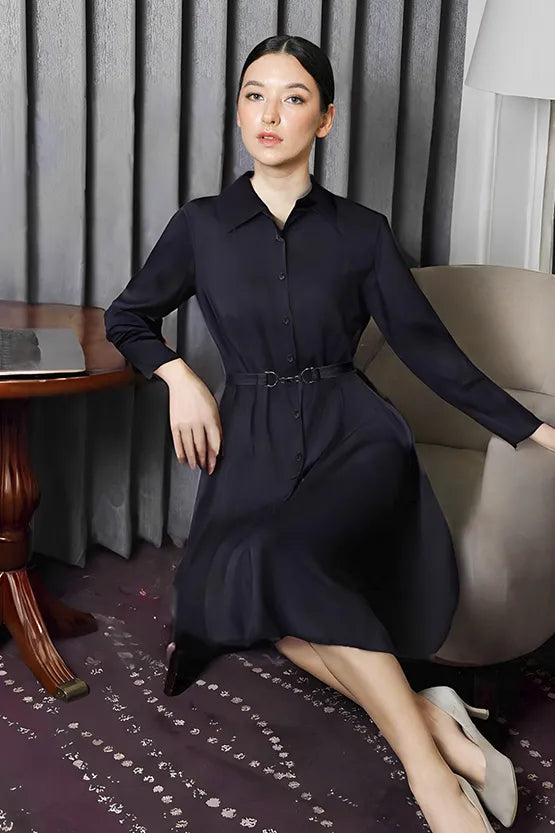 Smart Stretch Light:Dark Navy Shirt Dress With Bowtie
