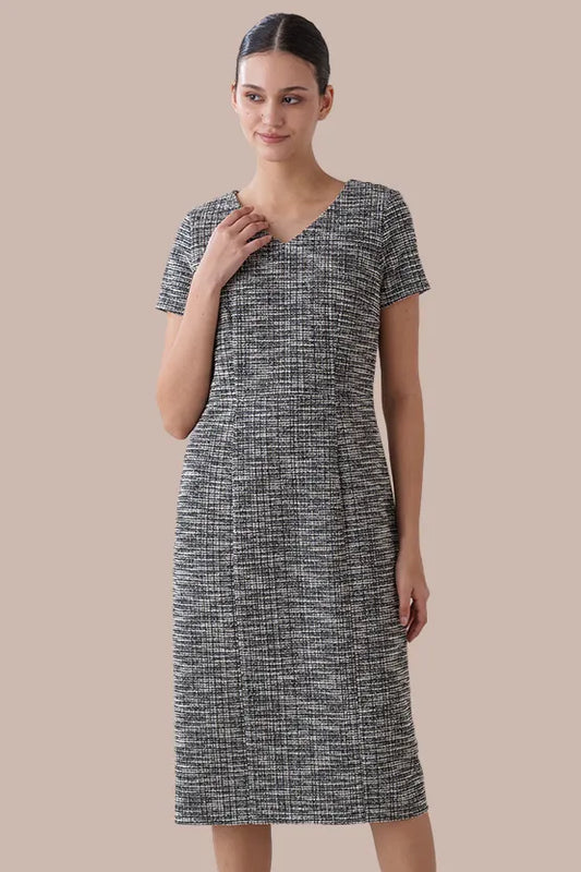 Stretch Lame Tweed:  V-Neck I-Line Dress