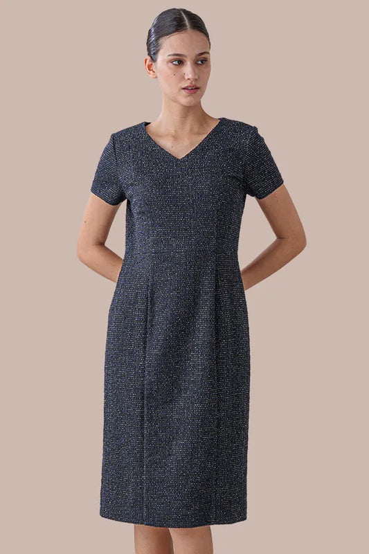 Stretch Lame Tweed:  V-Neck I-Line Dress