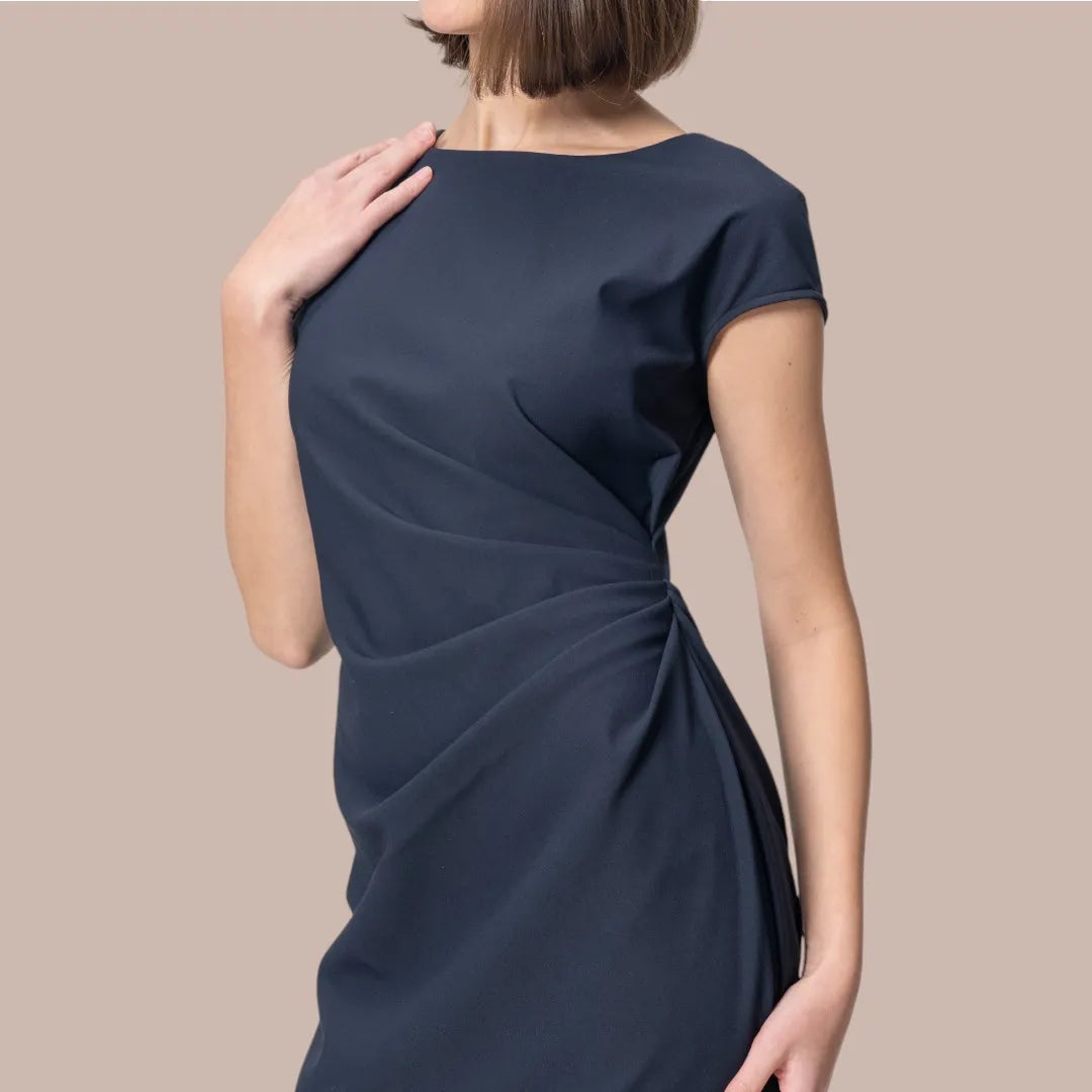 Sophisticated sculptural silhouette created through asymmetrical design