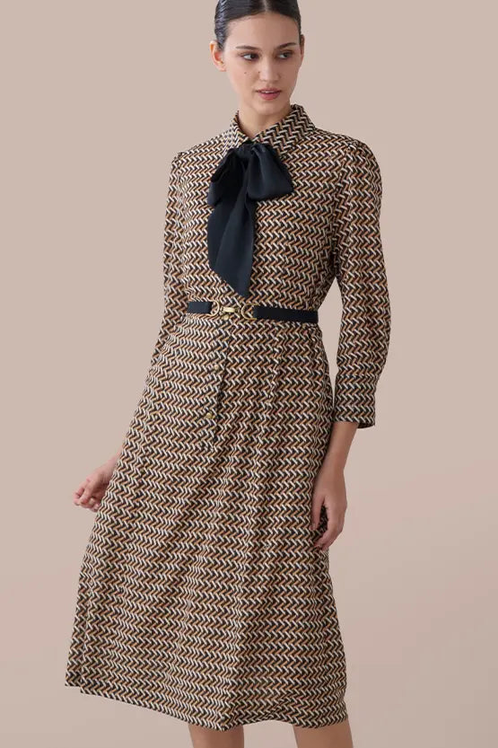 Chiffon Georgette:Monogram Brown Shirt Dress With Bowtie