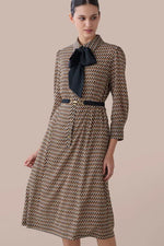 Chiffon Georgette:Monogram Brown Shirt Dress With Bowtie