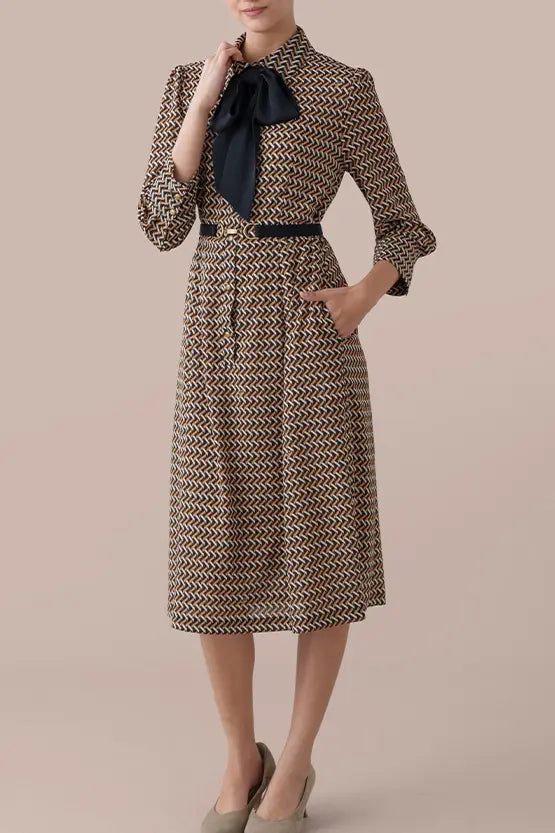 Chiffon Georgette:Monogram Brown Shirt Dress With Bowtie