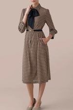 Chiffon Georgette:Monogram Brown Shirt Dress With Bowtie