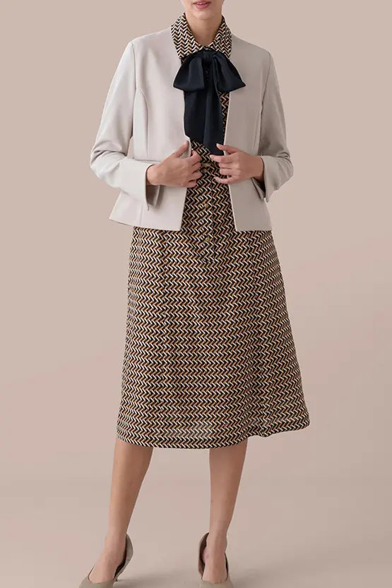 Chiffon Georgette:Monogram Brown Shirt Dress With Bowtie