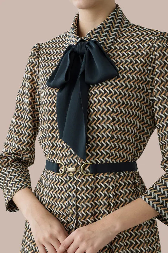 Chiffon Georgette:Monogram Brown Shirt Dress With Bowtie