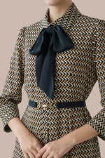 Chiffon Georgette:Monogram Brown Shirt Dress With Bowtie