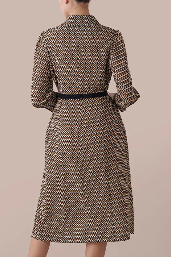 Chiffon Georgette:Monogram Brown Shirt Dress With Bowtie