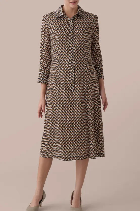 Chiffon Georgette:Monogram Brown Shirt Dress With Bowtie