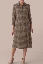 Chiffon Georgette:Monogram Brown Shirt Dress With Bowtie
