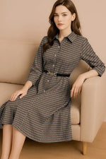 Chiffon Georgette:Monogram Brown Shirt Dress With Bowtie