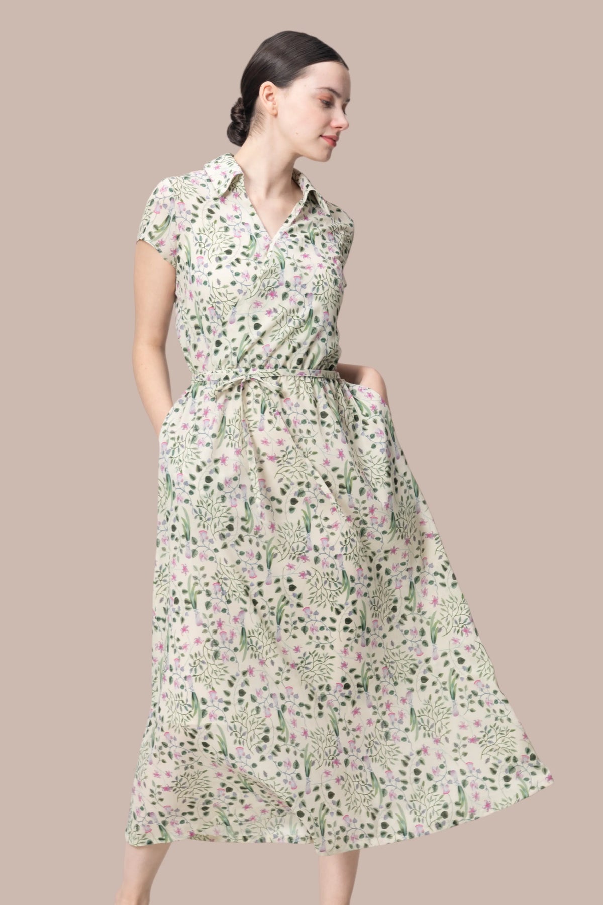 【ストレッチシフォン】衿付きカシュクールワンピースロング