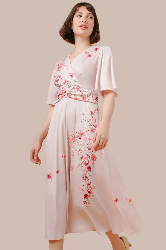 【ストレッチジョーゼット】SAKURA ベル袖フレアワンピース