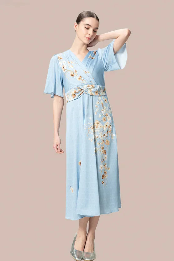 Stretch Georgette SAKURA Flare Dress with Bell Sleeves