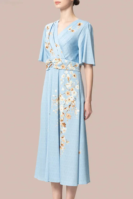 Stretch Georgette SAKURA Flare Dress with Bell Sleeves