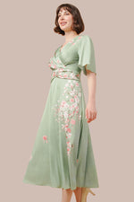 【ストレッチジョーゼット】SAKURA ベル袖フレアワンピース