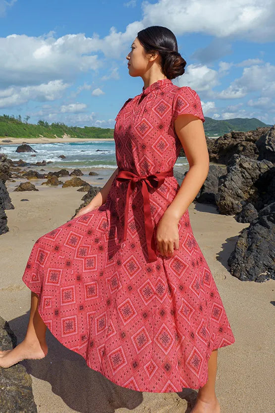 【大島紬意匠 ストレッチシフォン】ミドル丈セミマーメイドワンピース