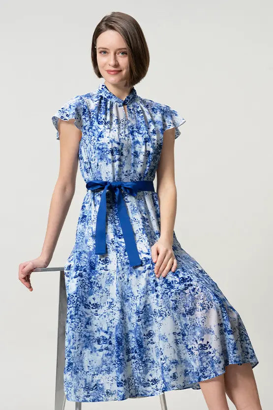 【ストレッチシフォン】ツイストネックミドル丈マーメイドワンピース