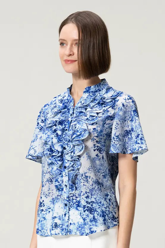 【ストレッチシフォン】フリル半袖ブラウス