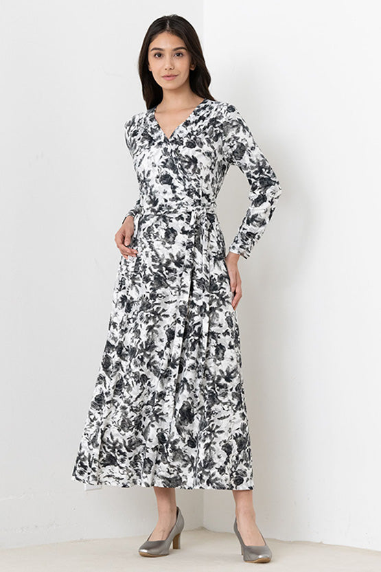 Long Length:Gray Nuance Flower Long Cache-Coeur Ribbon Dress