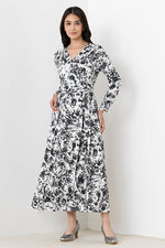 Long Length:Gray Nuance Flower Long Cache-Coeur Ribbon Dress
