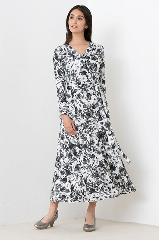 Long Length:Gray Nuance Flower Long Cache-Coeur Ribbon Dress