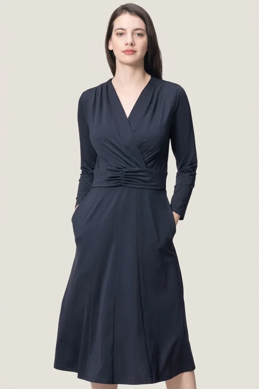 Kay me 近年モデル ロングシャツワンピース ネイビー 濃紺 ストレッチ ストレッチジャージー】ミモリンワンピース– kay me