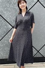 4-Way Stretch:Navy Dot Collared Flared Dress