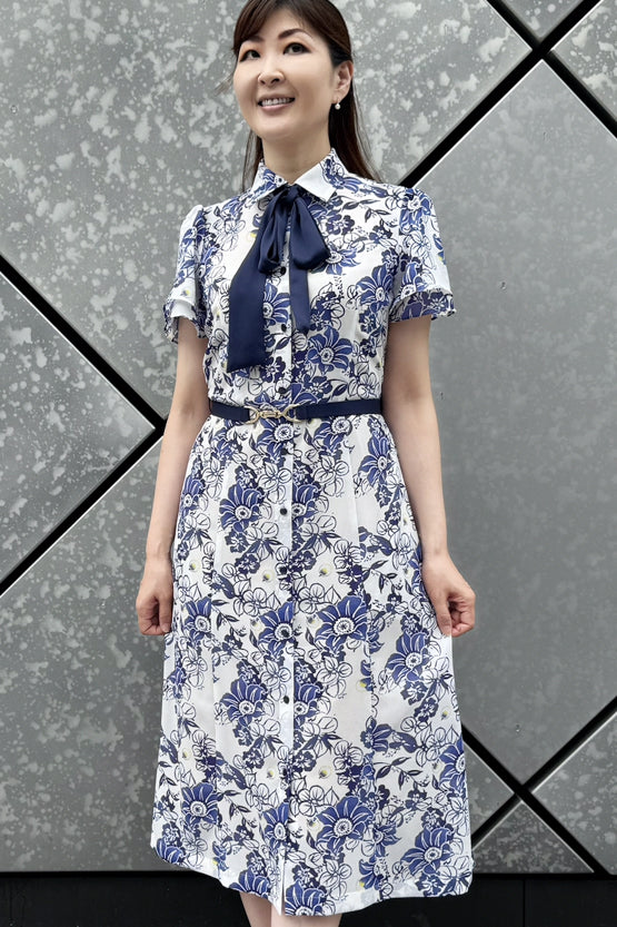 【ストレッチシフォン】藍ほたる ボウタイ付きシャツワンピース
