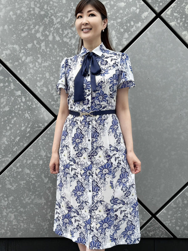 【ストレッチシフォン】藍ほたる ボウタイ付きシャツワンピース