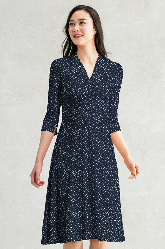 4-Way Stretch:Navy Dot Cache-Coeur Dress