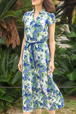 Stretch Chiffon Blue Crayon Berry Collared Cache-Coeur Long Dress