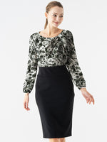 Gray Nuance Flower x Black Décolleté Tuck Dress