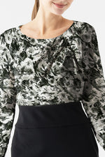 Gray Nuance Flower x Black Décolleté Tuck Dress