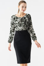Gray Nuance Flower x Black Décolleté Tuck Dress