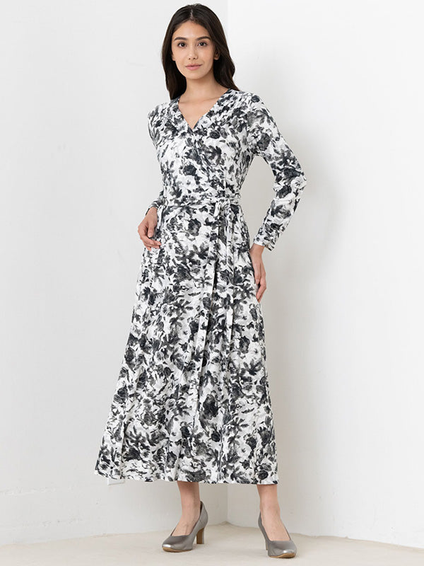 Long Length:Gray Nuance Flower Long Cache-Coeur Ribbon Dress