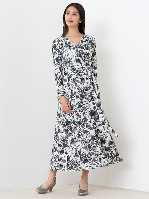 Long Length:Gray Nuance Flower Long Cache-Coeur Ribbon Dress