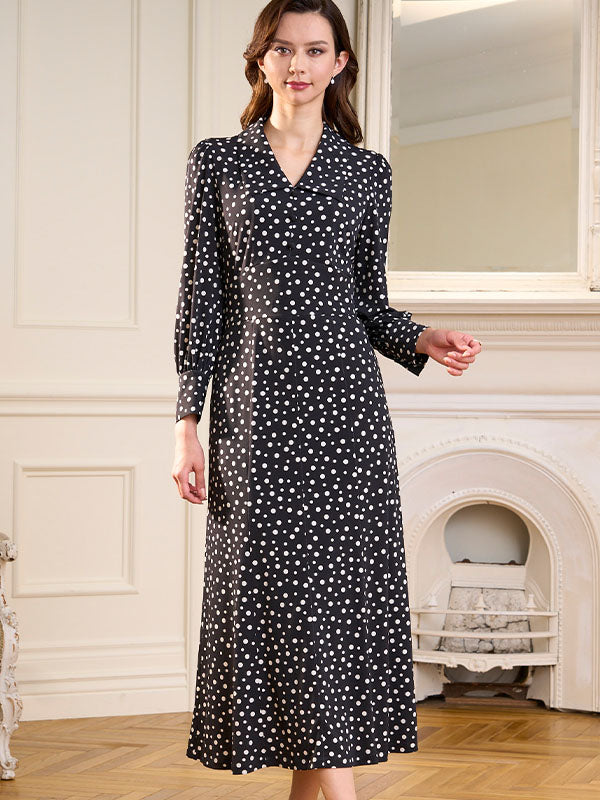 Long Length:Black Dot Long Collar Dress