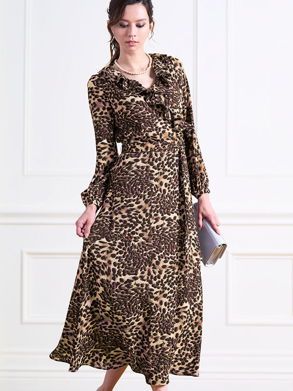 【ストレッチシフォン】 レオパード シフォンフリルロング